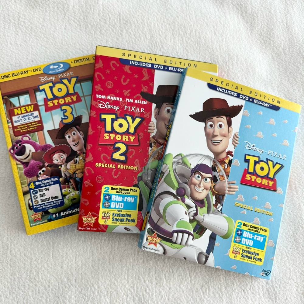 Toy Story 1, 2, 3 DVD + Blu-Ray. Packaging are all in very good condition.